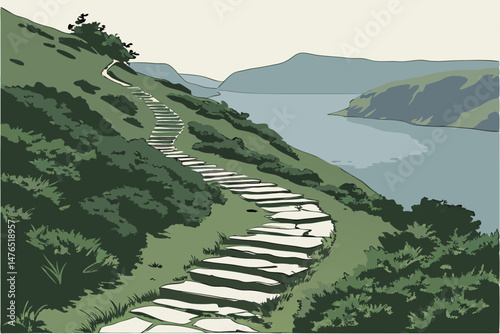 87 a winding path of white stepping stones leading up a lush, green hill overlooking a serene, blue lake, dramatic landscape, cinematic, highly detailed, 8k, volumetric lighting, photorealistic