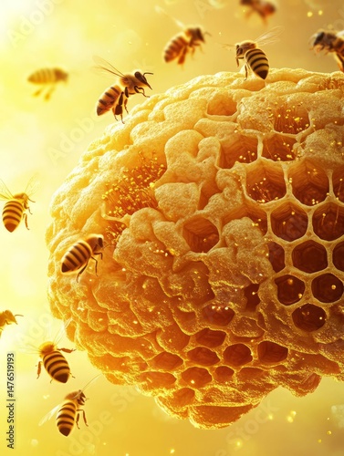 Honeycomb Brain with Flying Bees in Golden Light