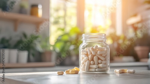 Natural Health Vitamins in Bright Home Interior..