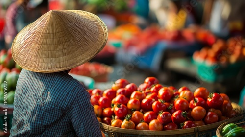 Traditional Straw Hat Vendor at Produce Stand