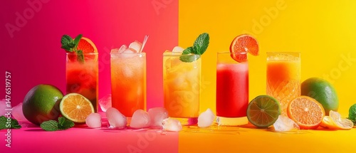 Summer Fruit Drinks on Vibrant Background..