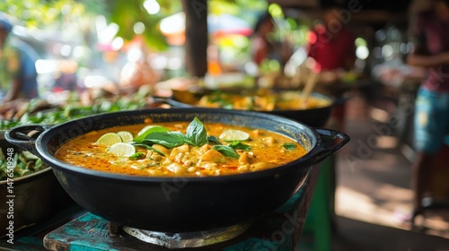Coconut Curry with Lime and Basil in Market Scene