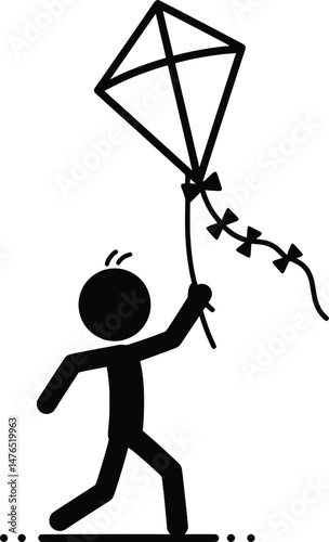 Stickman Flying Kite Vector Icon Illustration