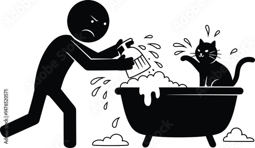 Angry Stickman Icon Vector Illustration Cat Bath Time