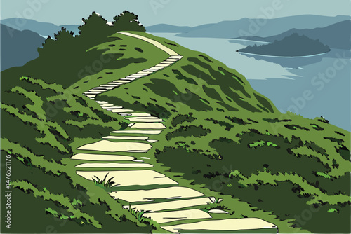 87 a winding path of white stepping stones leading up a lush, green hill overlooking a serene, blue lake, dramatic landscape, cinematic, highly detailed, 8k, volumetric lighting, photorealistic