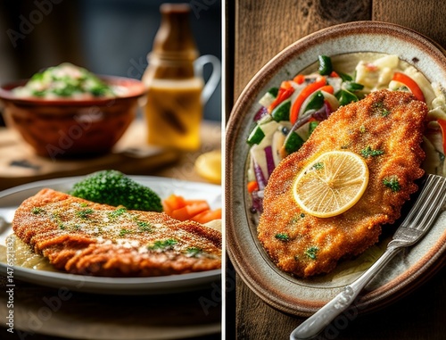 Crispy golden schnitzel served with a vibrant fresh salad made of cucumbers, tomatoes, onions, and peppers on a rustic plate in warm lighting for a delicious food presentation