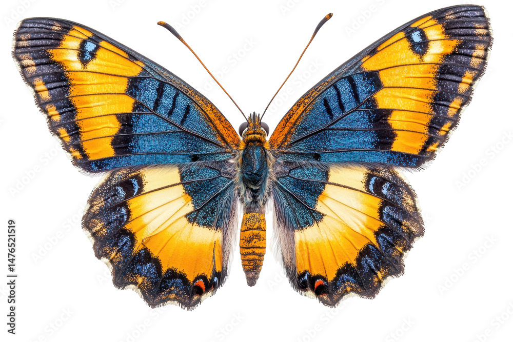 Obraz premium Elegant blue and orange butterfly in flight transparent PNG great for nature posters and illustrations