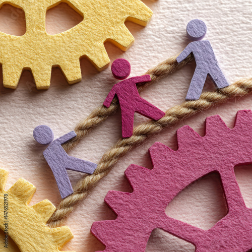 Teamwork illustration with paper figures and gears