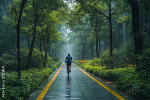 a cyclist entering an eco friendly urban bridge with a separate bike path, surrounded by lush greenery and sustainable architecture, bright and clear sky photo