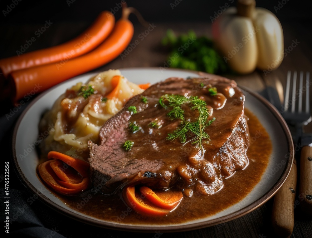 Juicy braised beef steak in rich brown sauce served with herbs on a ceramic plate in a cozy rustic setting capturing the essence of homemade gourmet comfort food dinner Juicy braised beef steak in rich brown sauce served with herbs on a ceramic plate in a cozy rustic setting capturing the essence of homemade gourmet comfort food dinner