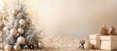 Festive Winter Scene Snow Covered Christmas Tree with Cream Ornaments and Gift