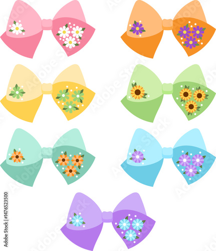 Set of Cute Colorful Coquette Ribbon Bow with Flower Elements 