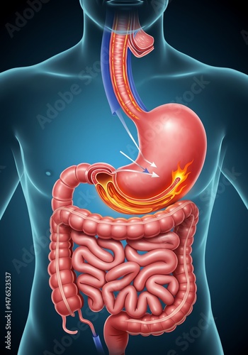 Acid Reflux:  Detailed Medical Illustration of Stomach Inflammation