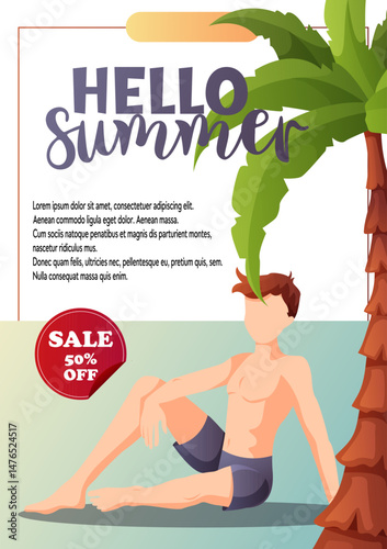 Colorful vector poster showing a guy in swim shorts under a palm tree with a discount tag. Ideal for men’s brands, travel ads, and summer sales.