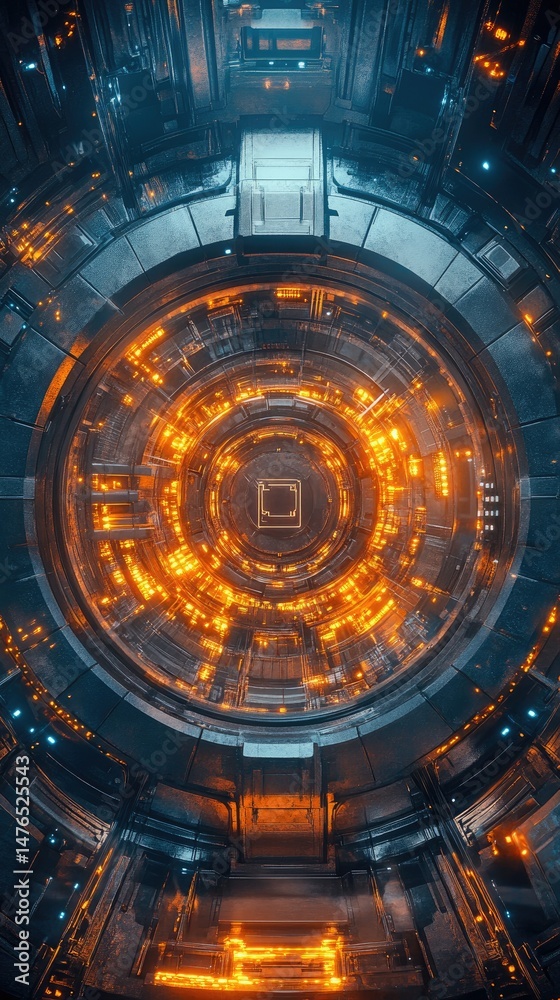 Fototapeta premium Intricate futuristic circular structure with glowing lights.