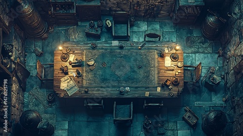 An Overhead View of an Old Meeting Room Lit by Lamps and Filled with Objects