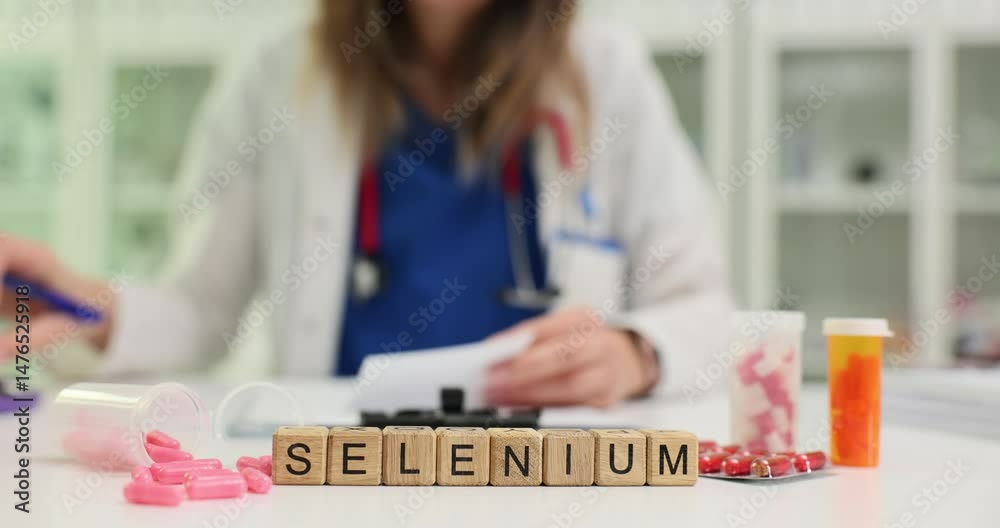 Female doctor writes prescription for supplements near cubes with Selenium in medical office. Importance of vitamins and minerals for patient health