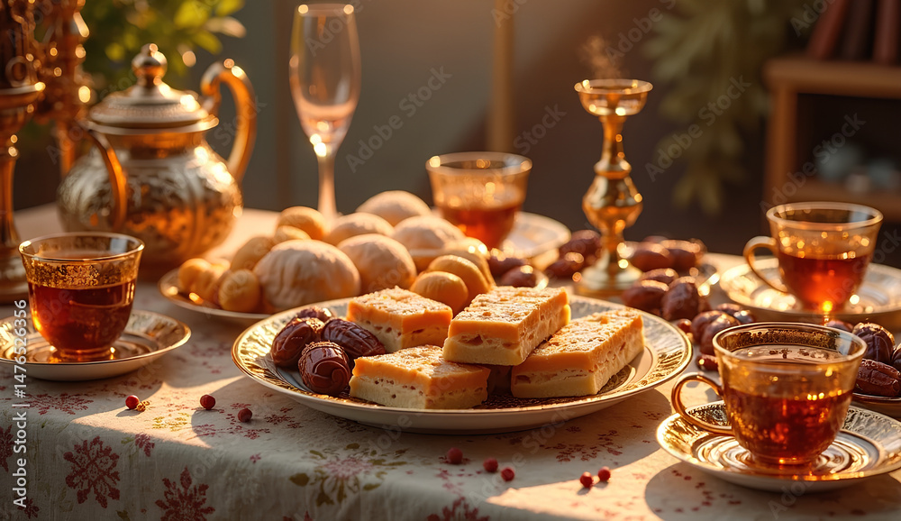 Traditional Breakfast Table with Tea and Pastries Traditional Breakfast Table with Tea and Pastries