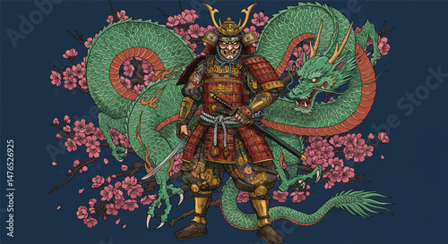 Samurai Warrior with Dragon and Cherry Blossoms | Japanese Mythological Illustration for Gaming, Anime, and Martial Arts Design
