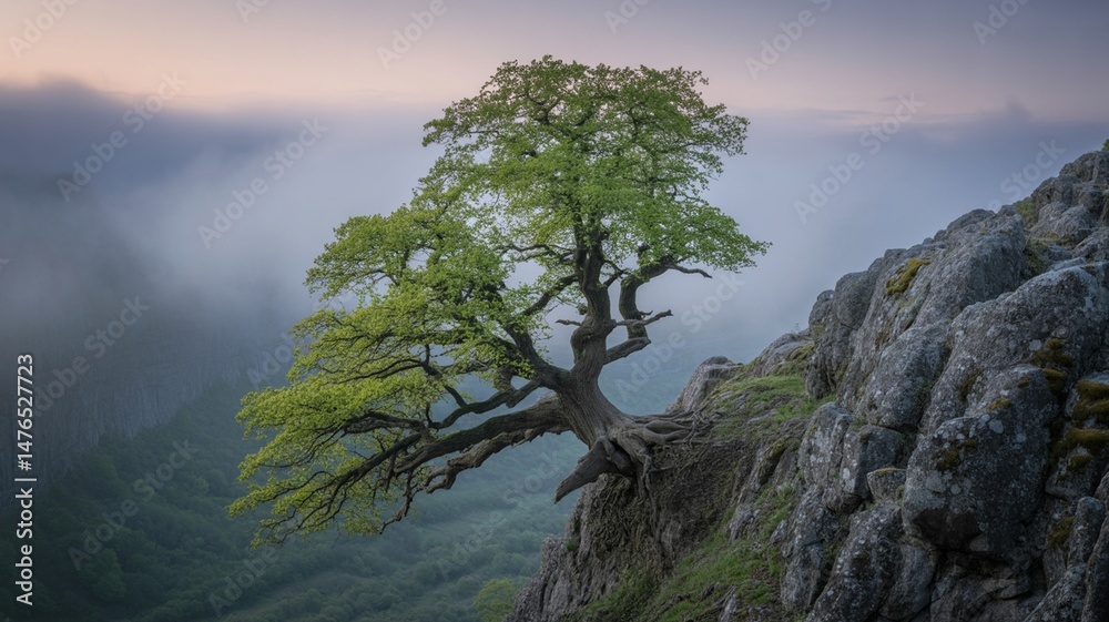 Obraz premium Majestic tree clinging to cliffside overlooking misty valley during a soft sunrise