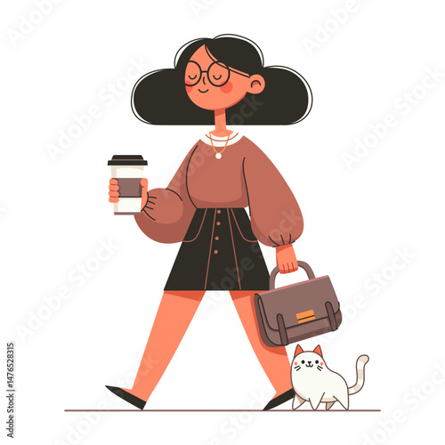 A cute young woman walks holding a cup of coffee and a briefcase. A kitten follows her.