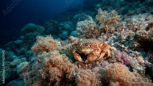 Camouflaged crab on reef displaying intricate patterns