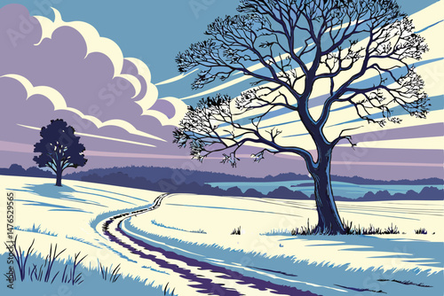 89 winter landscape, snowy field, solitary tree, winding path through snow, cinematic lighting, detailed trees, stunning sky, serene atmosphere, vibrant colors, dramatic composition, photorealistic qu