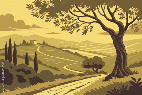38 rolling hills, lush olive grove, golden sunset, picturesque Italian countryside, dramatic cloudy sky, warm lighting, serene landscape, vibrant foliage, winding path, peaceful atmosphere, scenic ove