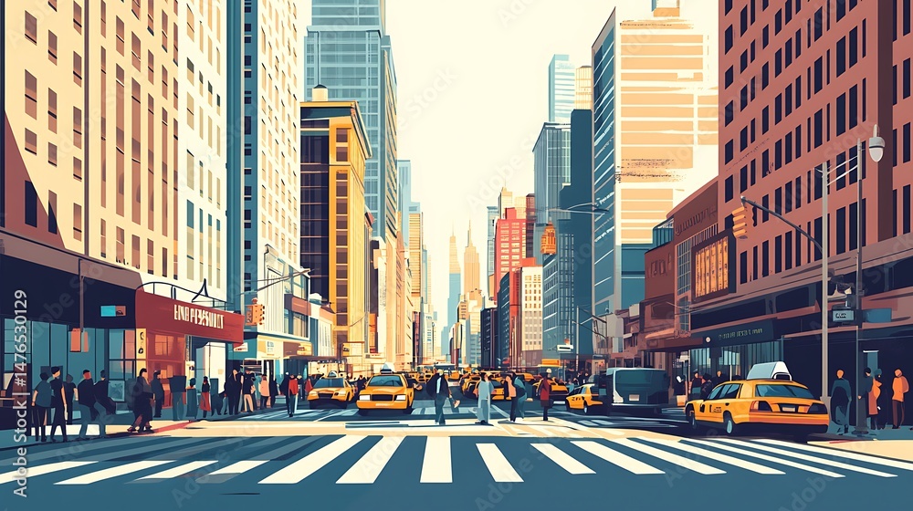 Obraz premium City street with bustling crowd, and skyscrapers.