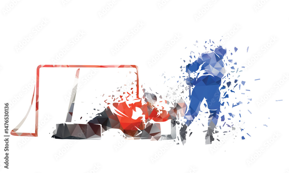 Ice hockey penalty shot, group of hockey players, isolated low polygonal vector illustration with dispersion effect. Breakaway. Hockey goalie makes save.