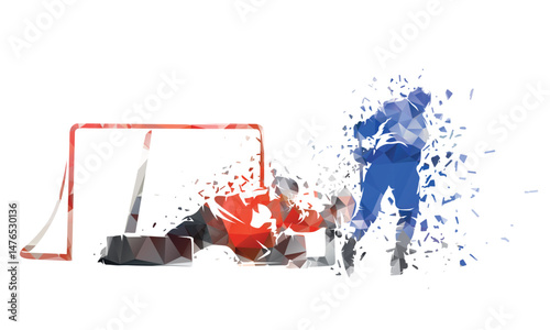 Obraz na płótnie Ice hockey penalty shot, group of hockey players, isolated low polygonal vector illustration with dispersion effect. Breakaway. Hockey goalie makes save. w salonie