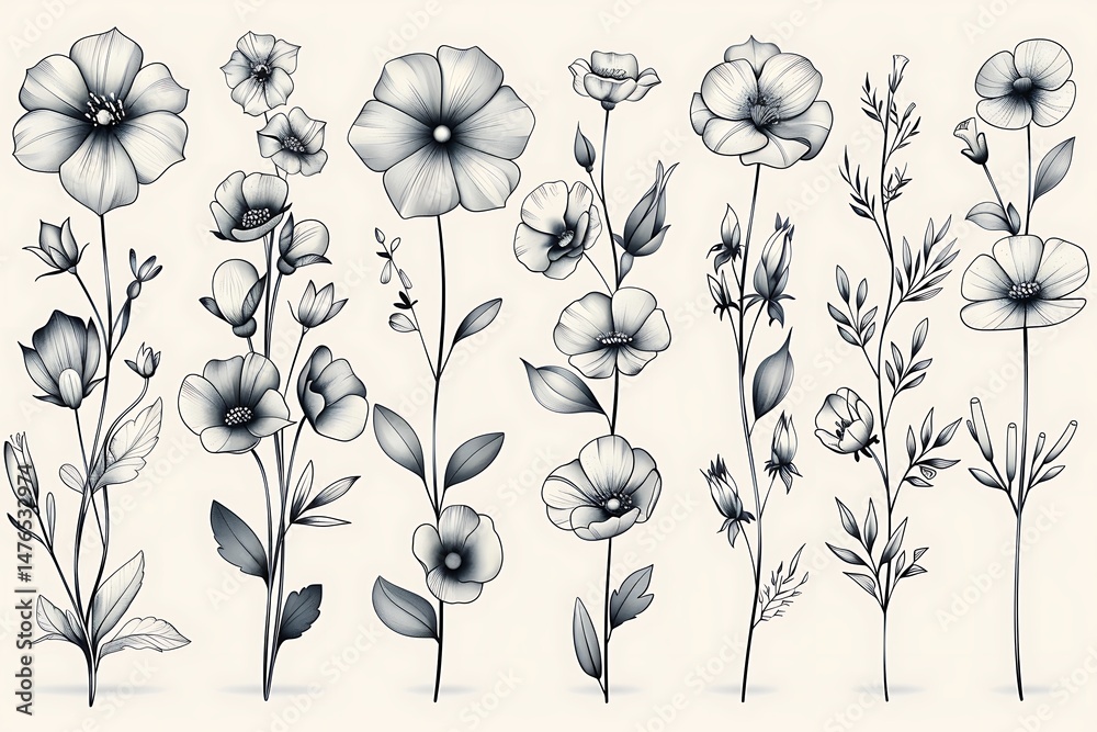 Obraz premium Set of botanical flower ink drawings high resolution picture