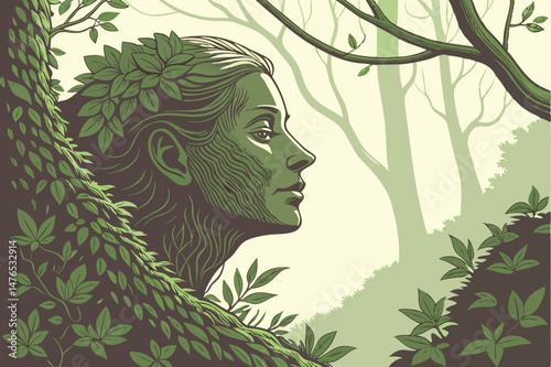 90 nature spirit, moss covered face, lifelike natural features, serene expression, lush green foliage, intricate organic textures, soft lighting, mystical atmosphere, dreamy mood, high detail, hyperre