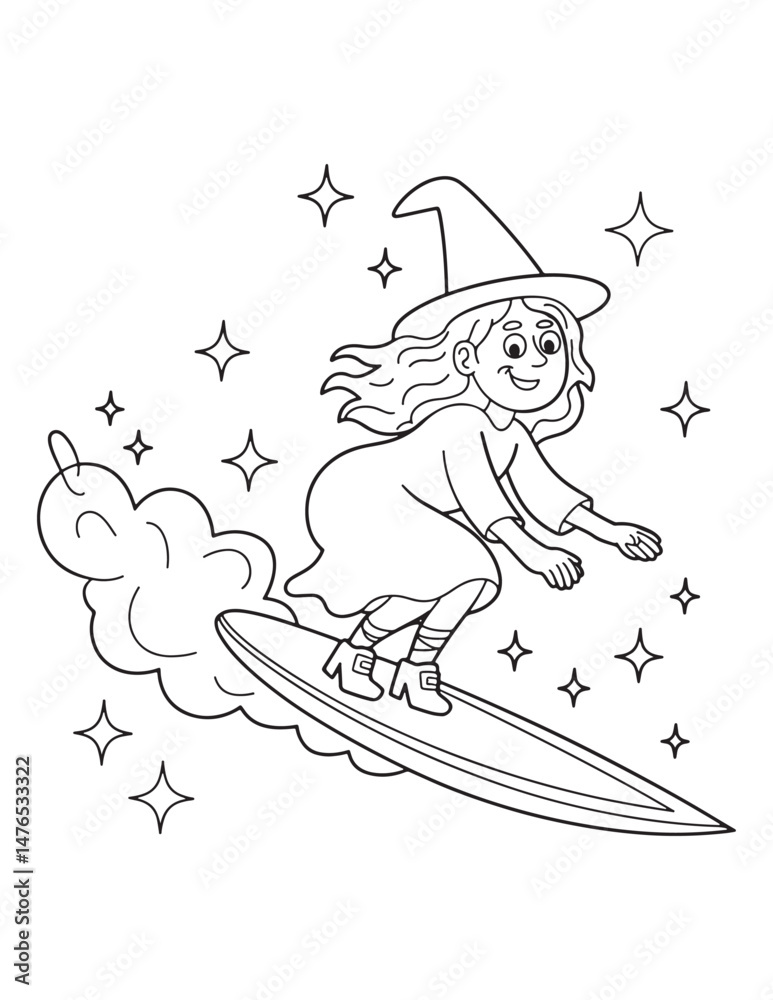 Fototapeta premium Cute Spooky Halloween Coloring Pages for Kids – Witches, Cats, Ghosts, and Potions – Fun and Easy Line Art Coloring Pages.