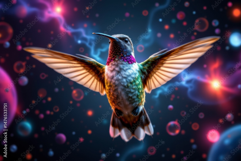 Obraz premium Vibrant Hummingbird in Cosmic Space Iridescent Feathers Glowing Amidst Stars and Nebulae