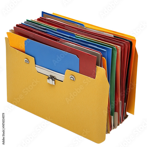Colorful file folders organized neatly in a yellow folder cutout isolated on transparent bg, png
