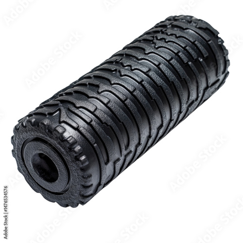 Heavy-duty black exercise foam roller for muscle recovery and stretching cutout isolated on transparent bg, png