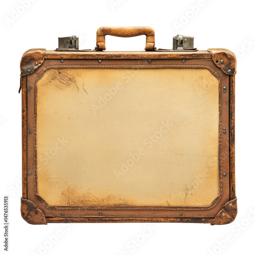 Vintage leather suitcase with worn edges and metal clasps cutout isolated on transparent bg, png