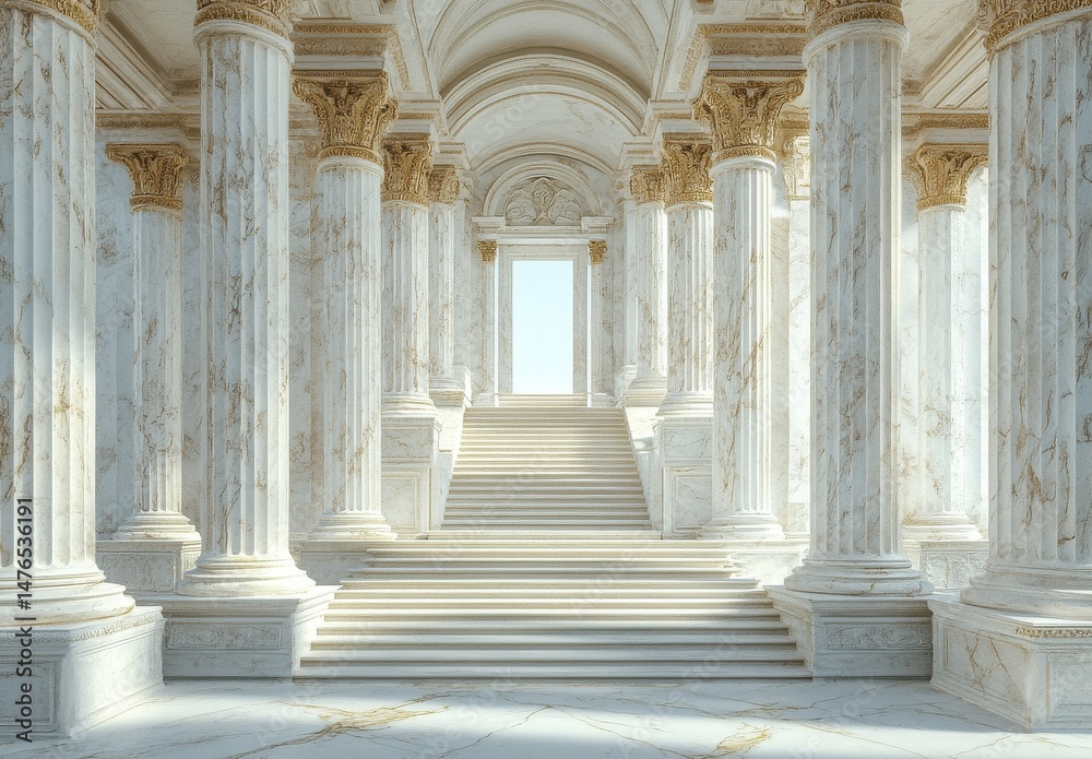Obraz premium Grand Marble Hall with Ornate Columns and Staircase Leading to Sunlight