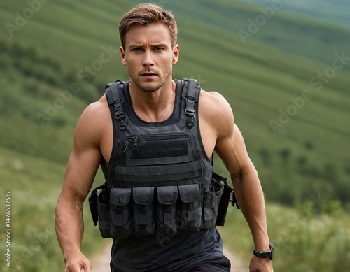 Athletic Caucasian male in tactical gear running through lush green hills.