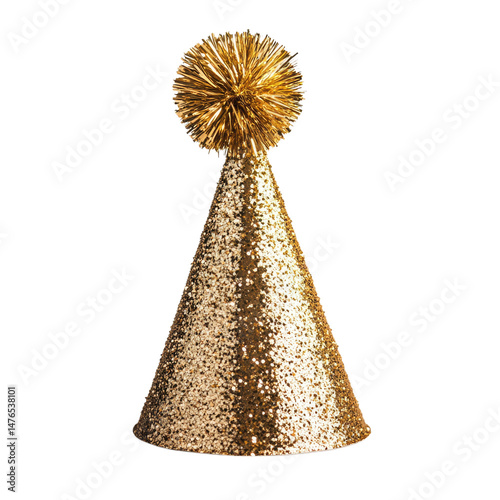 Golden party hat with shiny pom pom cutout isolated on transparent bg, png