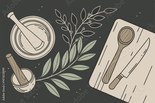 91 botanical cutlery, wooden utensils, kitchen still life, natural elements, simple composition, dark background, minimal design