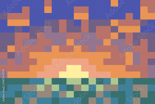 pixel art sunrise or sunset - sun, sky and sea. seascape or lake scene for concept game made of square blocks
