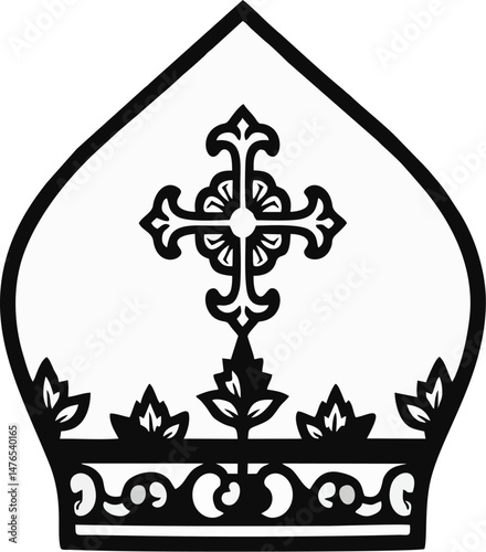 Traditional Papal Mitre Vector with Ornate Cross – Black and White Christian Line Art Illustration