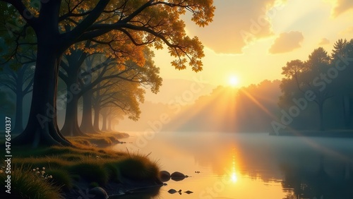 Golden Hour Serenity Majestic Trees Frame a Misty River at Sunrise, Sunlight Beams Through the Fog, Creating a Peaceful and Tranquil Atmosphere