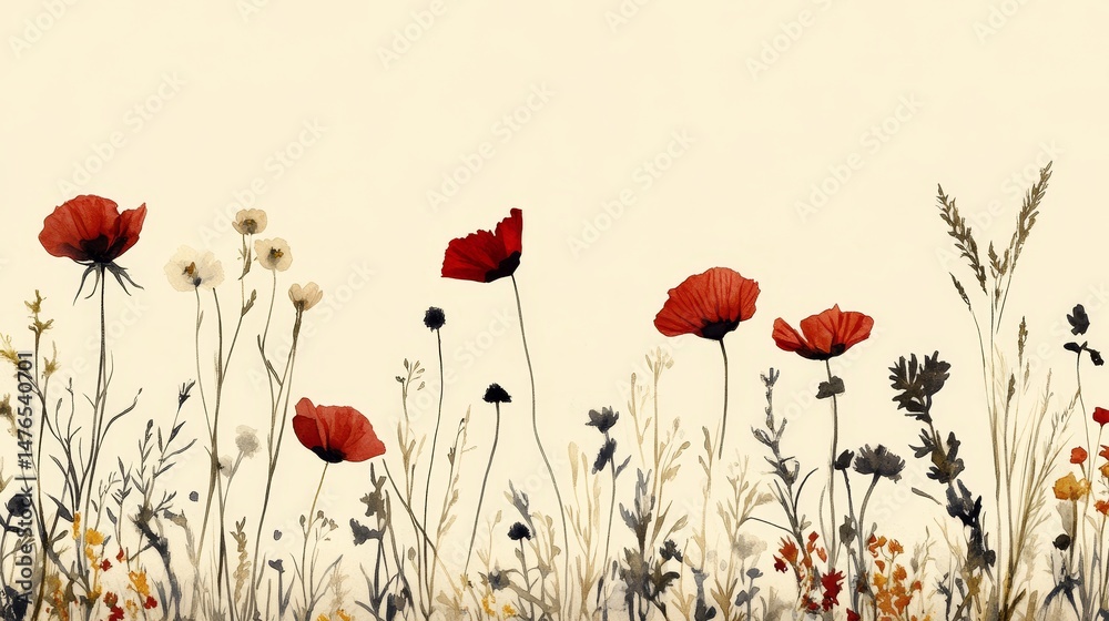 Naklejka premium Watercolor Meadow A Serene Wildflower Landscape with Red Poppies on a Soft, Peach-Hued Background.