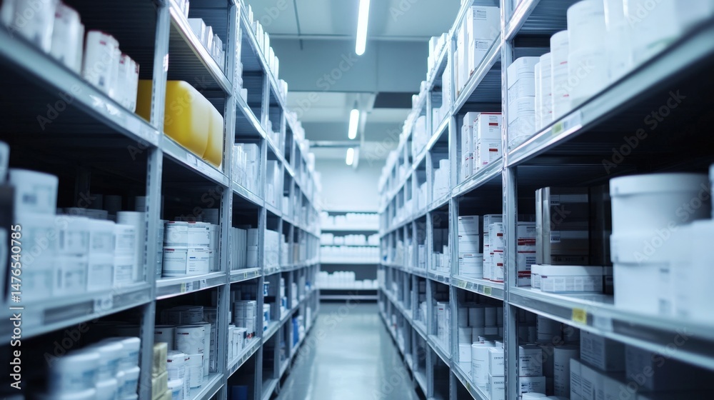 Obraz premium Large Warehouse Interior with Tall Shelves Full of Organized Cardboard Boxes