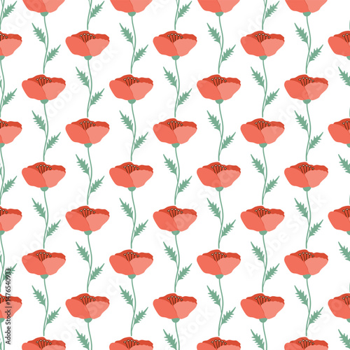 Seamless pattern of hand drawn poppy flowers on isolated background. Design for springtime, mother’s day, scrap booking, nursery decor, home decor, paper crafts, invitation design. 
