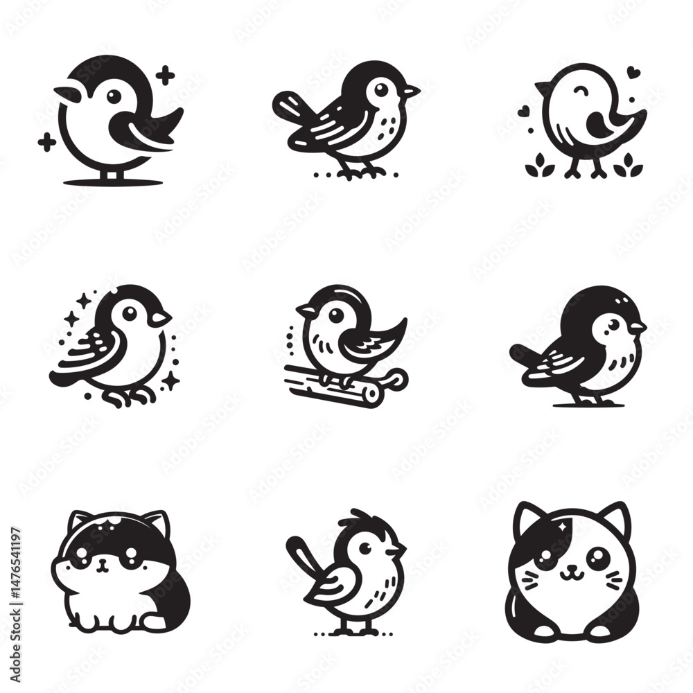 Fototapeta premium set of funny animals birds cartoon clipart vector silhouette icon set design illustrations