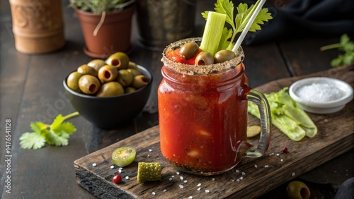 Bloody Mary Cocktail in Mason Jar Salted Rim, Olives, Celery Garnish, Rustic Wooden Background, Food Photography, Recipe Cocktail recipe, Bloody Mary